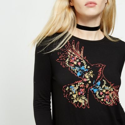 Black floral bird print long sleeve T-shirt